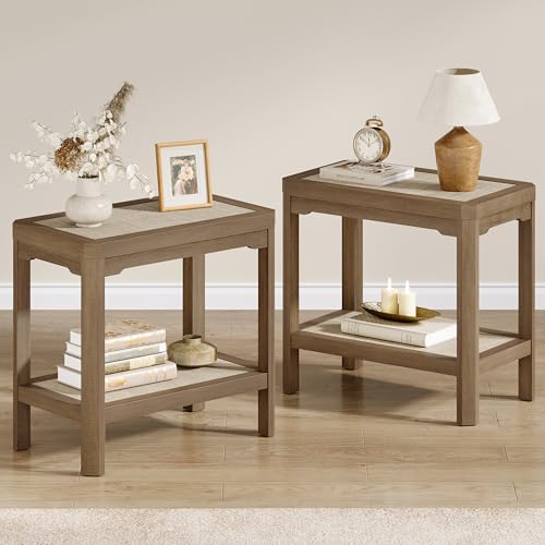Rattan Side Table End Table Farmhouse Boho Nightstand Set of 2 (Caramel Oak, Geometric Edges)