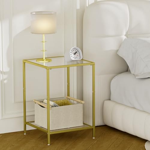 Side Tables Set of 2 with Tempered Glass (Gold / 15.7"D x 15.7"W x 23.6"H)