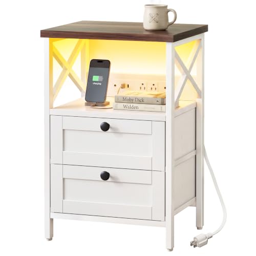 Night Stand with Charging Station (15.7"D x 11.8"W x 23.6"H (2 drawers) / Power+Light (1pc) / Natural Walnut & White)