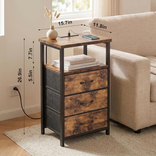 Night Stand with Charging Station (15.7"D x 11.8"W x 26.9"H (3 drawers) / Power (1pc) / Rustic Brown)