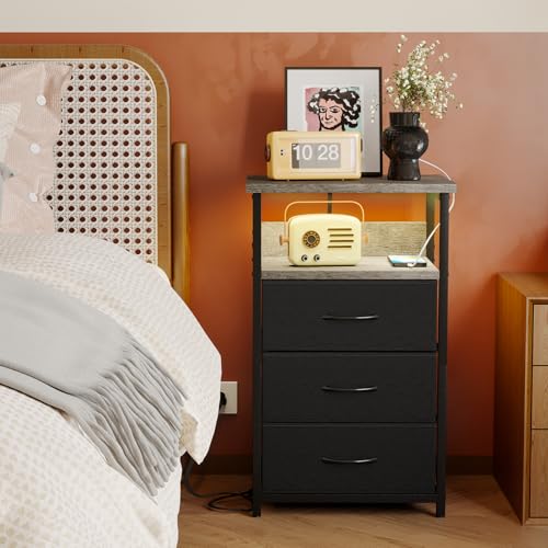 Night Stand with 3 Fabric Drawers (15.7"D x 11.8"W x 26.9"H (3 drawers) / Power+Light (1pc) / French Oak)