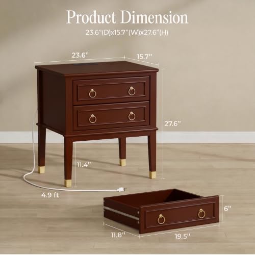 27.6 Inch Tall Nightstand with Charging Station (Brown)