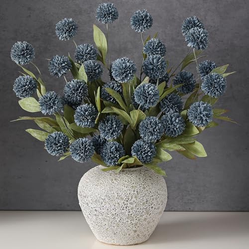6 Pcs 27"Artificial Pompon Mum Silk Flower Stems for Vase (Dark Blue)