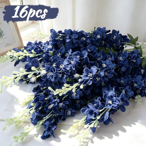 16Pcs Navy Blue Flower Delphinium Artificial Flower Long Stem Wedding Decor (Blue)
