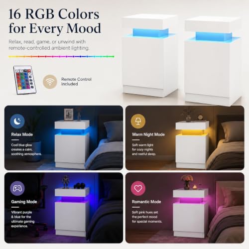Nightstand Set of 2 with RGB LED Lights (White / 17.7 inch-2P)