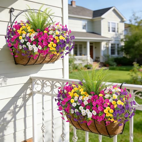 Artificial Flowers Fake Plants for Outdoors Decoration (Darkpurple Lightpurple Yellow White Fern)