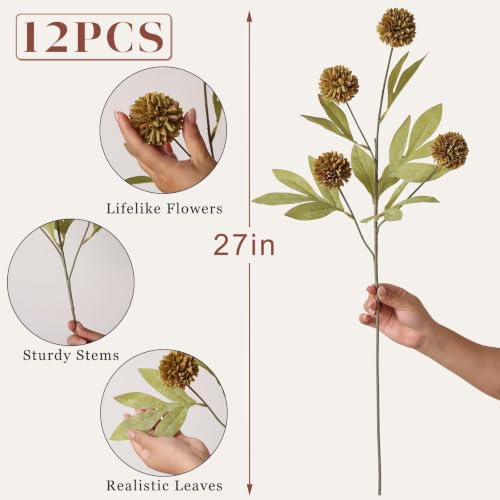 12 Pcs 27"Artificial Fall Pompon Mum Flower Stems for Vase (Autumn Orange)