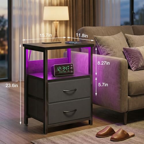 Black Nightstands Set of 2 (15.7"D x 11.8"W x 23.6"H (2 drawers) / Power+Light (2pc) / Black)