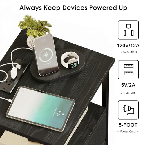 Night Stand with Charging Station (15.7"D x 11.8"W x 23.6"H (2 drawers) / Power (1pc) / Black)