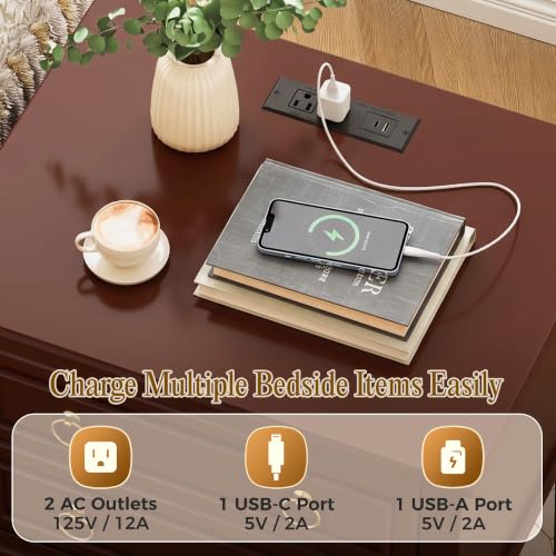 27.6 Inch Tall Nightstand with Charging Station (Brown)