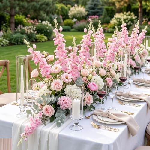 16Pcs Pink Delphinium Artificial Flower 33.5'' Long Stem Silk Pink Flowers (Pink)