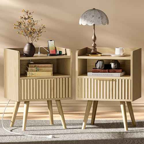 Nightstand Set of 2 with Charging Station (Natural)
