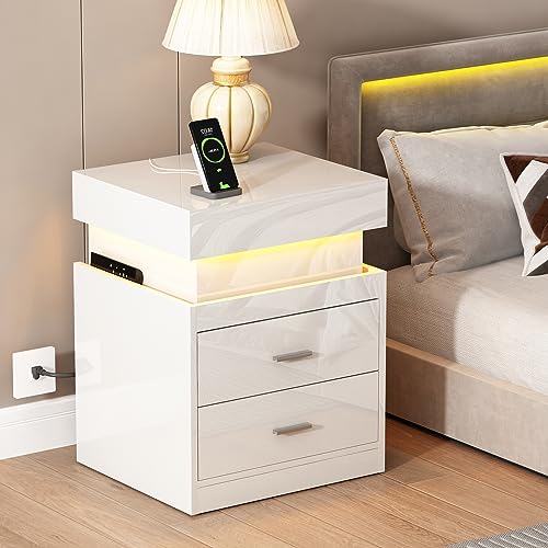 LED Nightstand with Charging Station and Sliding Storage (White / 1 Pack)