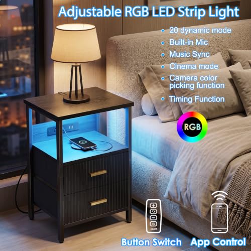Night Stand with Charging Station (15.7"D x 11.8"W x 23.6"H (2 drawers) / Power+Light (1pc) / Black Fluted)