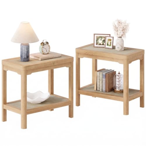 Rattan Side Table End Table Nightstand Set of 2 with Round Edge (Natural Oak, Round Edges)