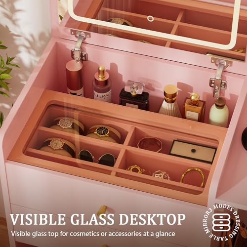 Makeup Vanity Desk with Mirror and Lights (Pink)