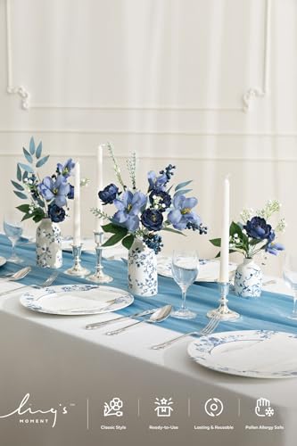 Navy Blue Fake Flowers Artificial Faux Greenery Stems 59pcs (Blu-dark Green & Navy)