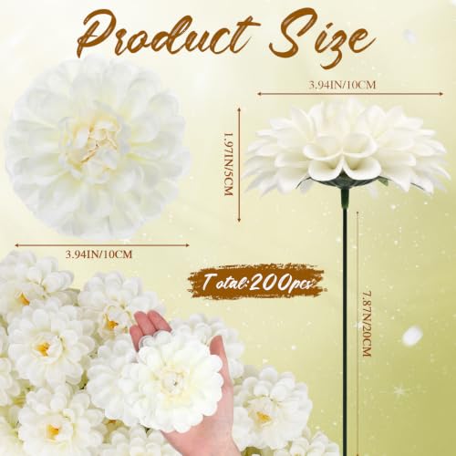 200pcs White Artificial Dahlia Flowers with Stems (Milky White)