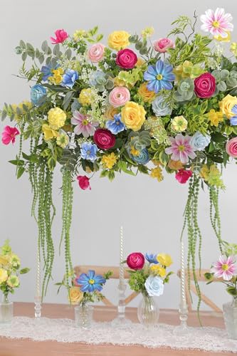 Artificial Flowers Combo Set Faux Flowers Bulk Flower Leaf with Stems for DIY Wedding Bouquets Centerpieces Baby Shower Party Home Decorations (Rainbow)