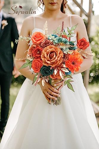 Teal Burnt Orange Silk Flowers Fall Artificial Flowers for Wedding (A Athens Orange Teal Blue / 2 Boxes)