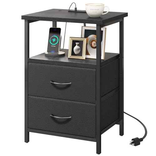 Night Stand with Charging Station (15.7"D x 11.8"W x 23.6"H (2 drawers) / Power (1pc) / Black)