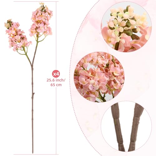 4PCS 25.6inch Lilac Artificial Flowers Light Pink Fake Delphinium Long Stem Silk Real Touch Flower Faux Lilac Floral Arrangement for Tall Vase Table Wedding Garden Home Decoration（Light Pink） (25.6inch Light Pink / 4 Pcs)