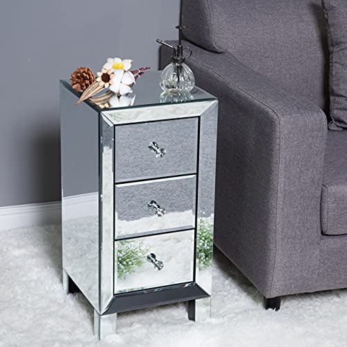 3 Drawer Mirrored Nightstand End Table Bedside Table for Bedroom (1 Pack / Assembly: Knobs Only / Actual Glass Mirror Finish)