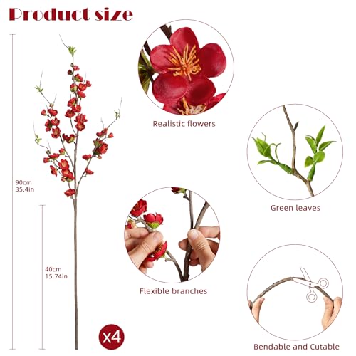 Artificial Cherry Blossom Branches Fake Plum Blossom 35.4''Fake Flowers Cherry Blossoms Faux Flowers Long Stem Artificial Flowers for Tall Vase for Indoor Home Decoration (Red)
