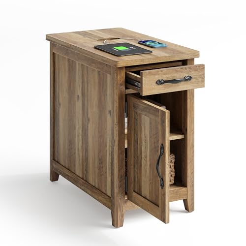 Set of 2 Charging End Tables with USB Ports (Brown / Wood Door)