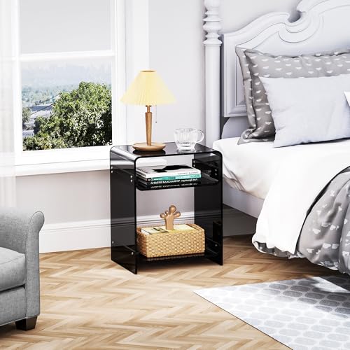 Acrylic End Table Record Player Table with Storage Shelf Clear Side Table Nightstand (Black)