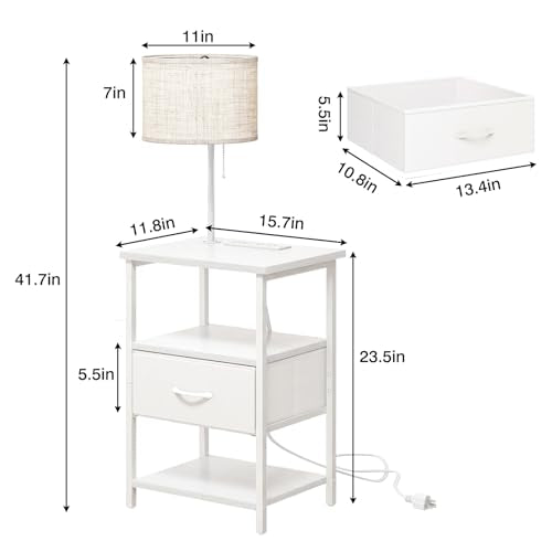 Bedside Table with 3 Color Temperatures Bulb Attached (15.7"D x 11.8"W x 23.5"H (1 drawer) / Power+Lamp (1pc) / White)