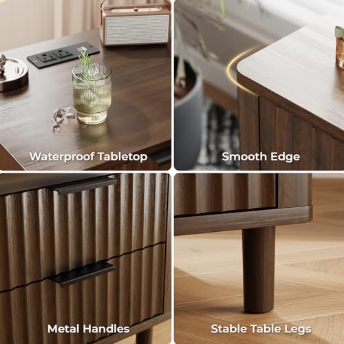 Fluted Nightstand with Charging Station (Walnut / 3 Drawers)