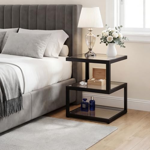 3 Tier Floating Side Table with Clear Tempered Glass and Metal Frame (Black)