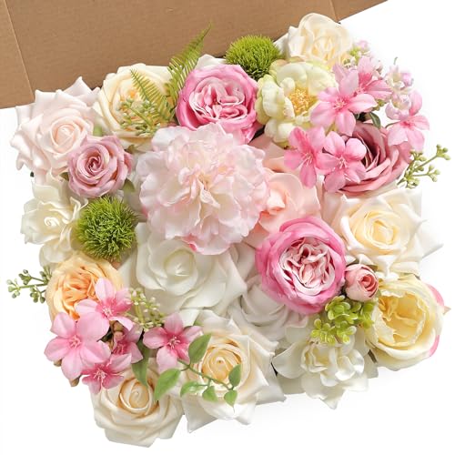 Artificial Flowers Combo Box Set for DIY Wedding Bouquets Centerpieces Arrangements Bridal Shower Party Home Decorations (Milky White&pink)