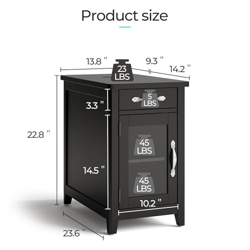 End Table with Charging Station (Black / Glass Door)