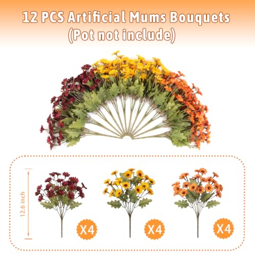 Artificial Fall Flowers Fake Mums Plants for Outdoors Decoration (4 Yellow, 4 Orange, 4 Fuchsia)