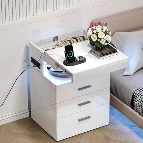 Led Nightstand with Hidden Space & Charging Station (White)