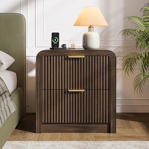 23'' Wide Fluted Nightstand Set of 2 with Charging Station (Walnut / 2 Drawers)