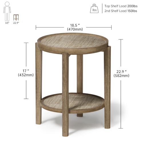 Rattan Round Side Table End Table Set of 2 with Storage Shelf (Caramel Oak, Round)