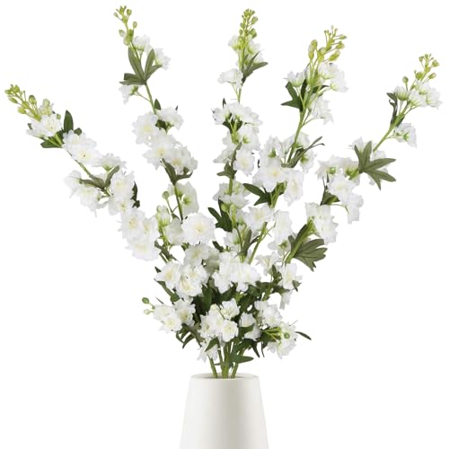 White Flower Larkspur Artificial Flowers 5PCS Faux Delphinium Silk for Vase (5pcs-white)