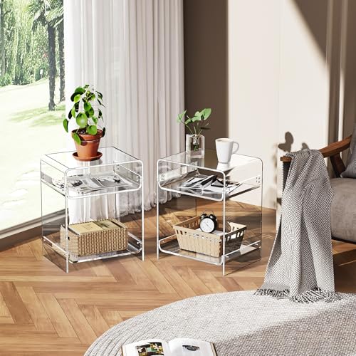 Acrylic End Table Record Player Table with Storage Shelf Clear Side Table Nightstand (Clear Set of 2)