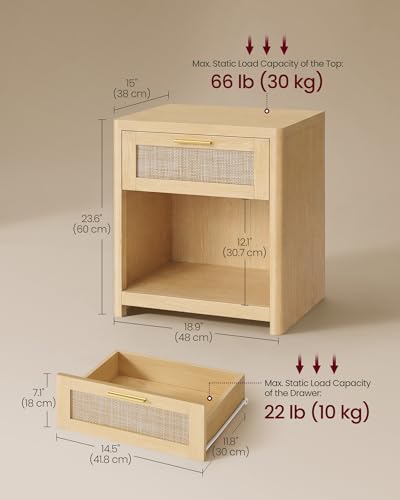Set of 2 Boho Nightstands with Rattan (Oak Beige / 15"D x 18.9"W x 23.6"H-BOHO)