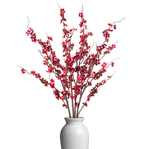 4Pcs Cherry Blossom Branches Artificial Flowers for Spring Summer Indoor Decoration (Red)