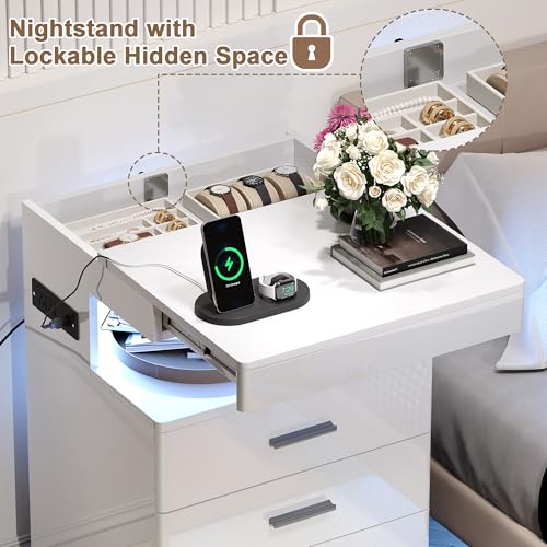 Led Nightstand with Hidden Space & Charging Station (White)