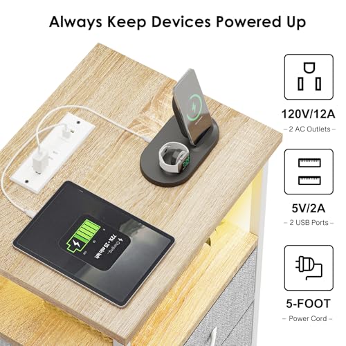 Night Stand with Charging Station (15.7"D x 11.8"W x 23.6"H (2 drawers) / Power+Light (1pc) / Natural Oak & Light Grey)