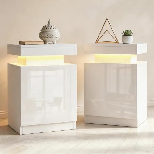 Nightstand Set of 2 with RGB LED Lights (White / 17.7 inch-2P)