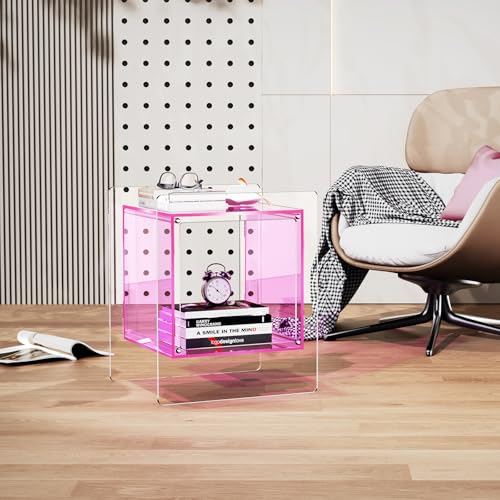 Acrylic Nightstand Colorful Bedside Table with Open Storage Shelf (Pink)