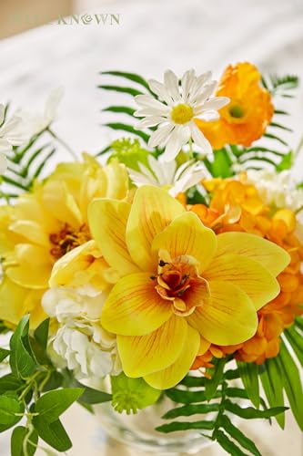 Artificial Silk Flowers in Glass Vase for Dining Table Decor (Tropical Orange)