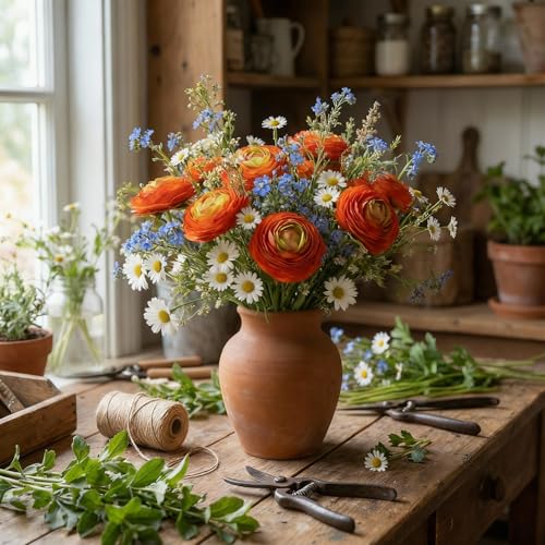 Artificial Ranunculus Flowers with Real Touch Stem (Orange / 6)