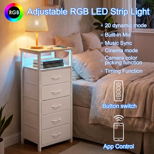 Night Stand with Charging Station (15.7"D x 11.8"W x 39.3"H (5 drawers) / Power+Light (1pc) / White)